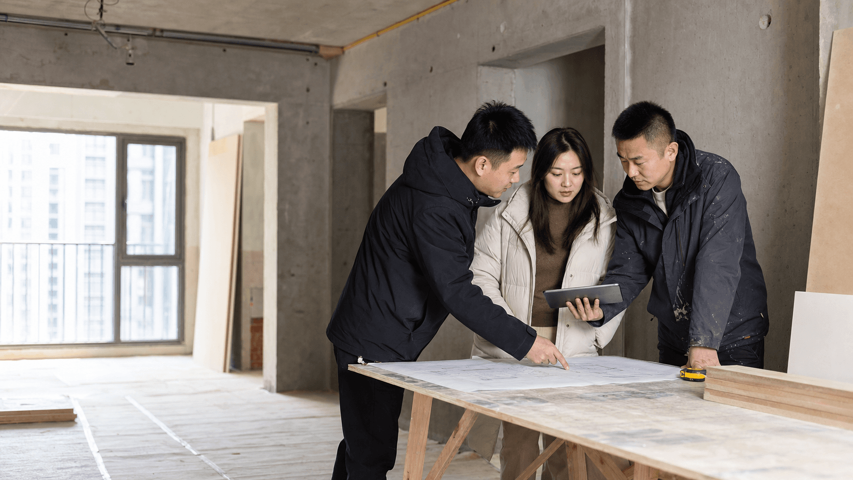 装修项目成员在毛坯住宅内核对图纸和项目记录