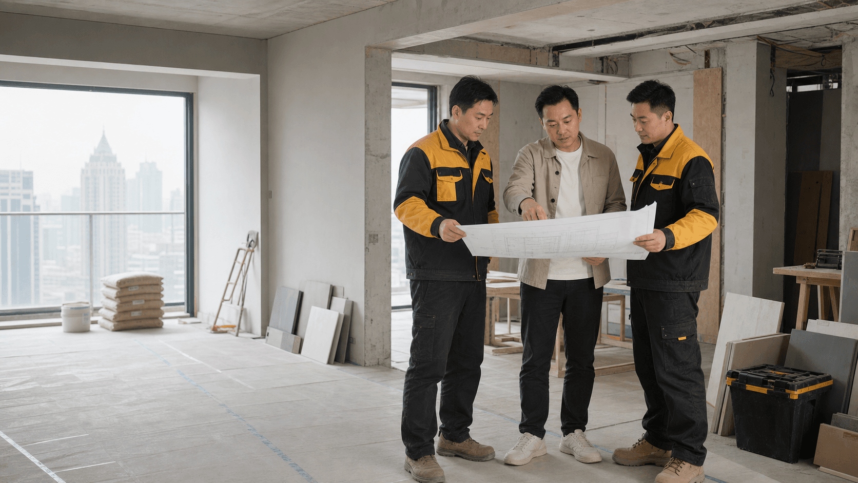 装修施工团队在住宅工地查看施工图纸